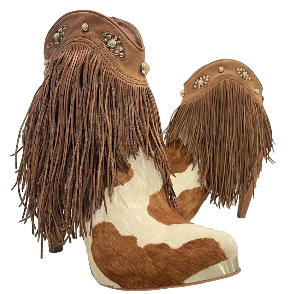 Sam Edelman Brown and Cream Cowhide Fringe Ankle Booties